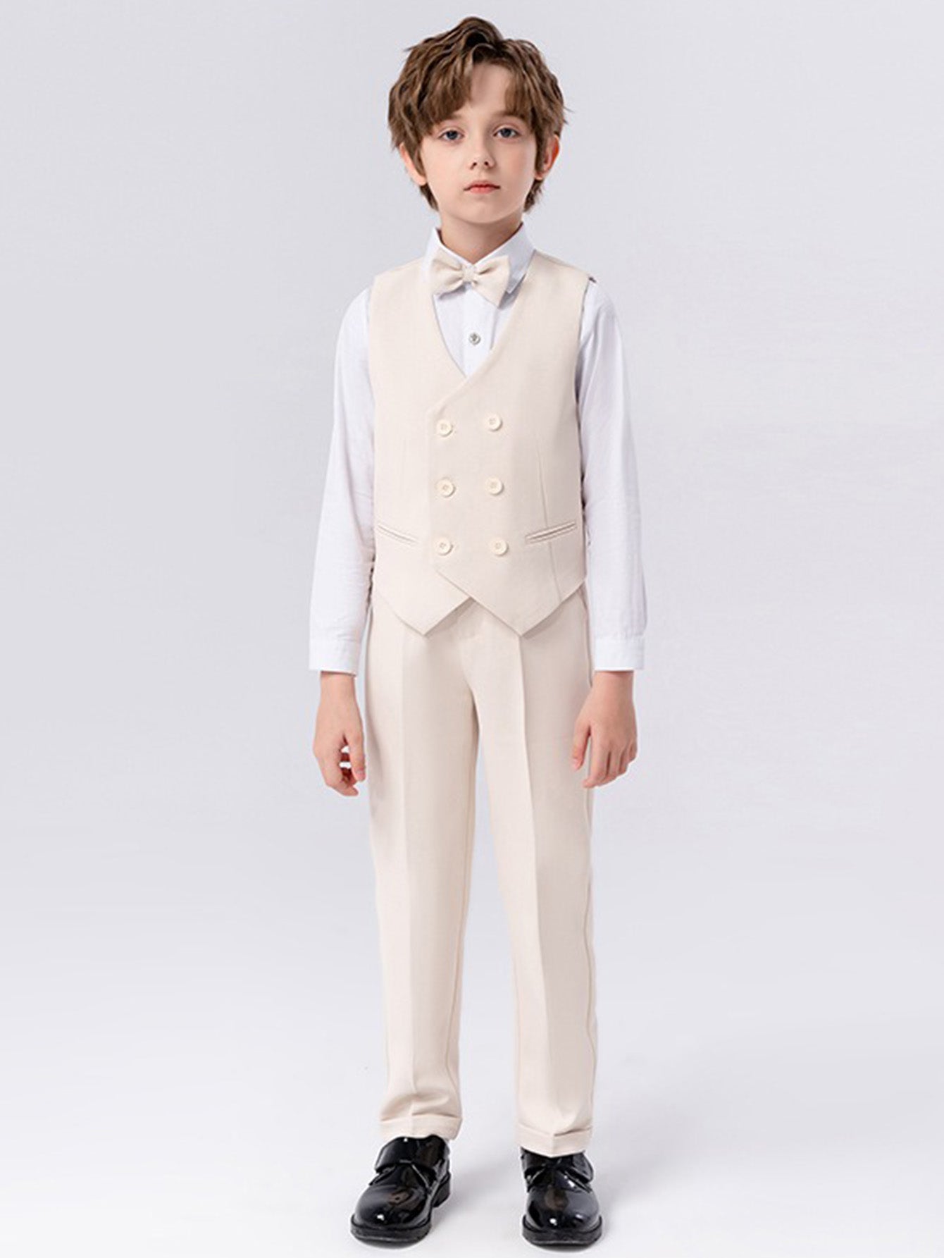 Boys solid color suit (shirt + jacket + vest + pants + bow tie + brooch)