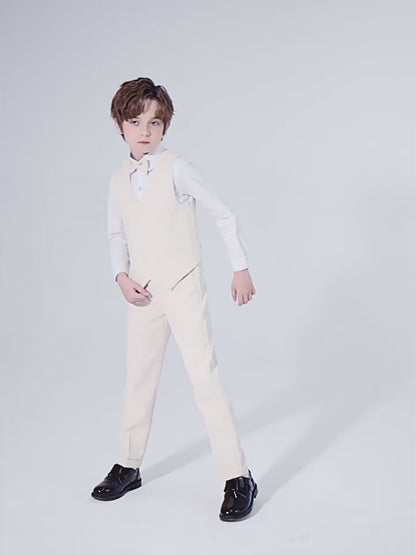 Boys solid color suit (shirt + jacket + vest + pants + bow tie + brooch)